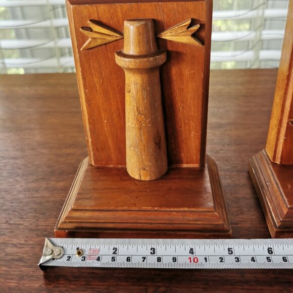Hand Carved Wooden Nautical Bookends, VTG Wood Intarsia Sailboat and Lighthouse - Picture 11 of 12